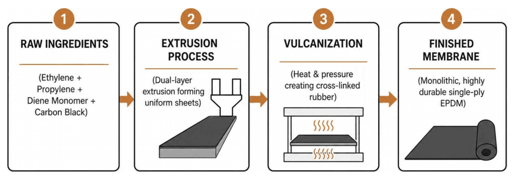 Manufacturing process diagram showing extrusion and vulcanization of EPDM single-ply rubber