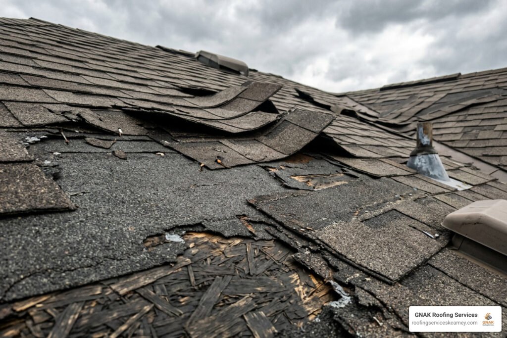 torn asphalt shingles on roof deck showing severe wind uplift