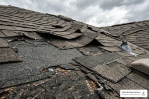torn asphalt shingles on roof deck showing severe wind uplift