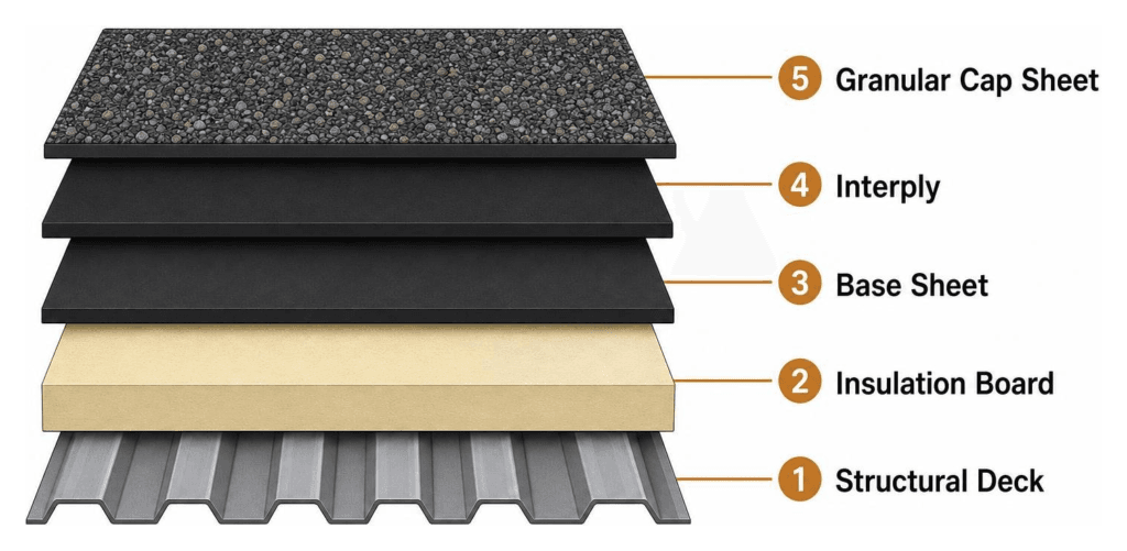 Multi-ply roof architecture showing structural deck, insulation board, base sheet, interply, and granular cap sheet